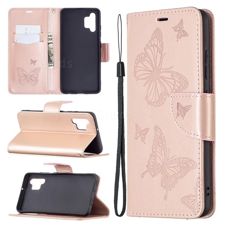 Embossing Double Butterfly Leather Wallet Case for Samsung Galaxy A32 4G - Rose Gold