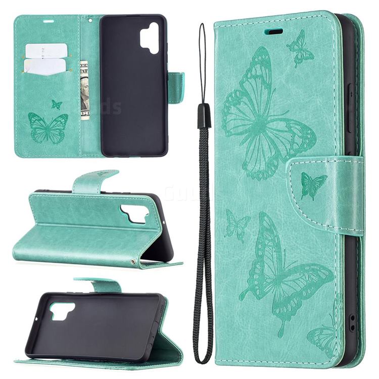 Embossing Double Butterfly Leather Wallet Case for Samsung Galaxy A32 4G - Green