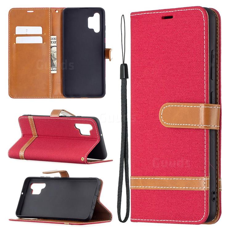 Jeans Cowboy Denim Leather Wallet Case for Samsung Galaxy A32 4G - Red