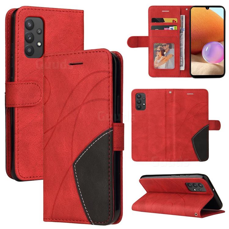 Luxury Two-color Stitching Leather Wallet Case Cover for Samsung Galaxy A32 4G - Red