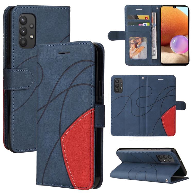 Luxury Two-color Stitching Leather Wallet Case Cover for Samsung Galaxy A32 4G - Blue