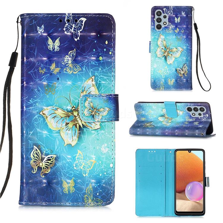 Gold Butterfly 3D Painted Leather Wallet Case for Samsung Galaxy A32 4G