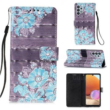 Blue Flower 3D Painted Leather Wallet Case for Samsung Galaxy A32 4G
