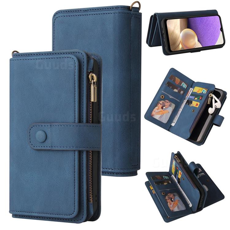 Luxury Multi-functional Zipper Wallet Leather Phone Case Cover for Samsung Galaxy A32 4G - Blue