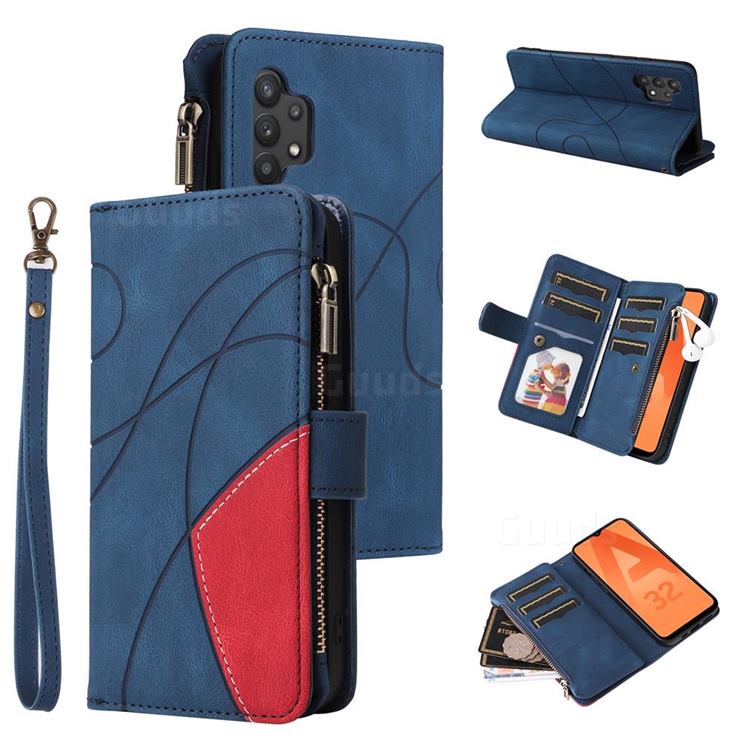 Luxury Two-color Stitching Multi-function Zipper Leather Wallet Case Cover for Samsung Galaxy A32 4G - Blue