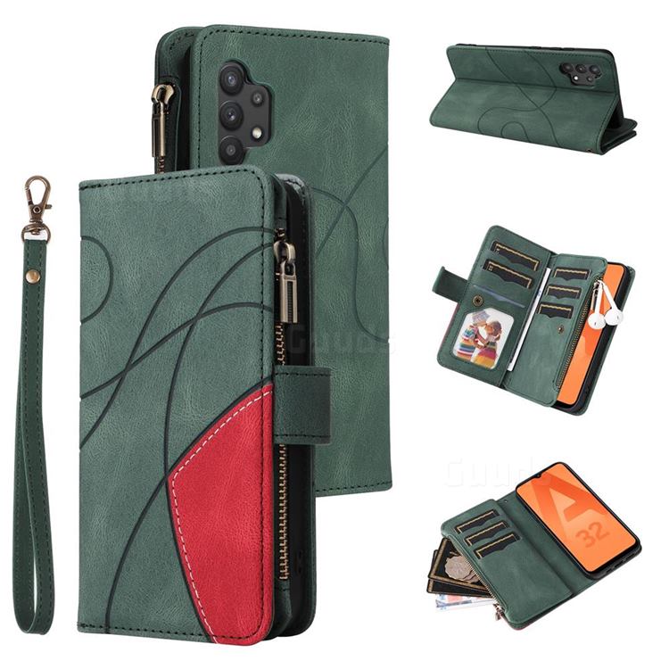 Luxury Two-color Stitching Multi-function Zipper Leather Wallet Case Cover for Samsung Galaxy A32 4G - Green