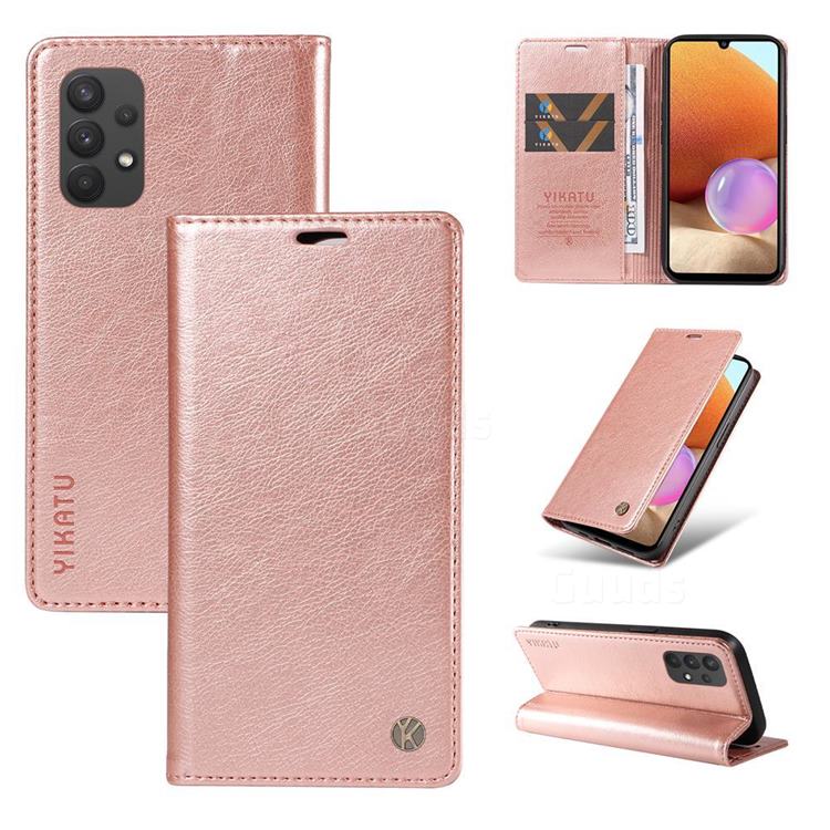 YIKATU Litchi Card Magnetic Automatic Suction Leather Flip Cover for Samsung Galaxy A32 4G - Rose Gold