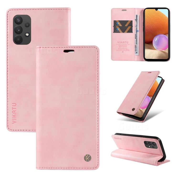 YIKATU Litchi Card Magnetic Automatic Suction Leather Flip Cover for Samsung Galaxy A32 4G - Pink