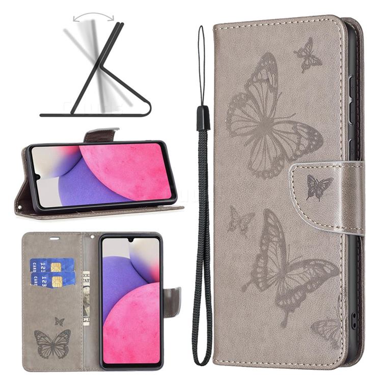 Embossing Double Butterfly Leather Wallet Case for Samsung Galaxy A33 5G - Gray