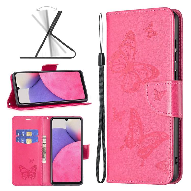 Embossing Double Butterfly Leather Wallet Case for Samsung Galaxy A33 5G - Red