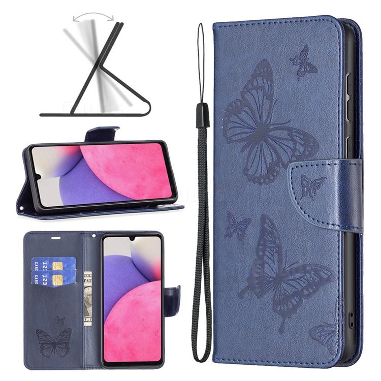 Embossing Double Butterfly Leather Wallet Case for Samsung Galaxy A33 5G - Dark Blue