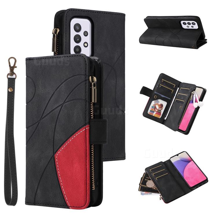 Luxury Two-color Stitching Multi-function Zipper Leather Wallet Case Cover for Samsung Galaxy A33 5G - Black