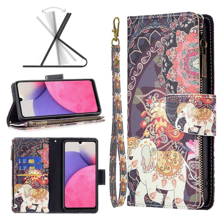 Totem Flower Elephant Binfen Color BF03 Retro Zipper Leather Wallet Phone Case for Samsung Galaxy A33 5G