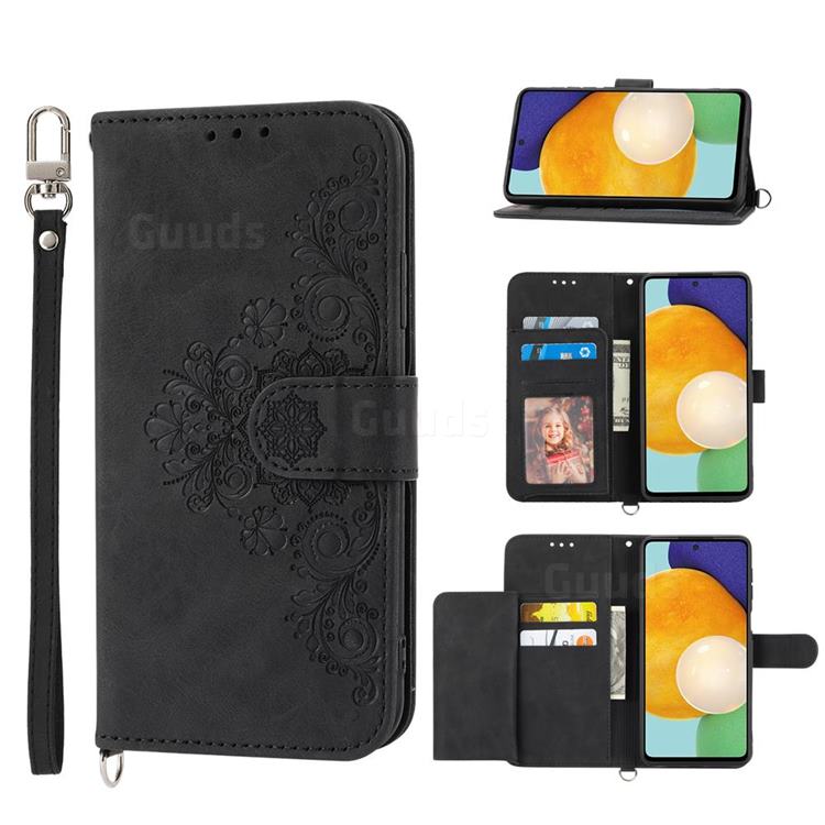 Skin Feel Embossed Lace Flower Multiple Card Slots Leather Wallet Phone Case for Samsung Galaxy A33 5G - Black