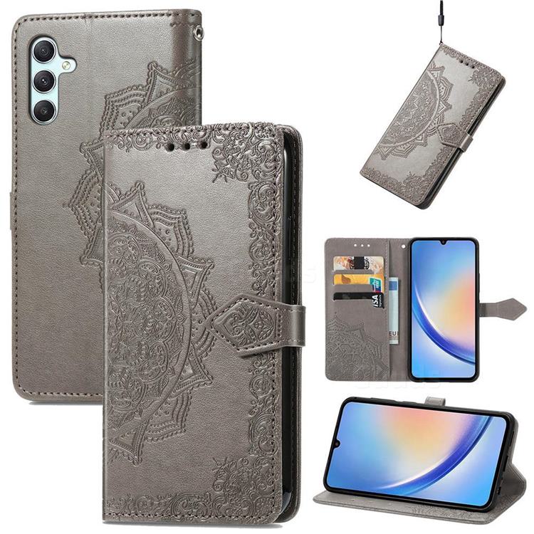 Embossing Imprint Mandala Flower Leather Wallet Case for Samsung Galaxy A34 5G - Gray
