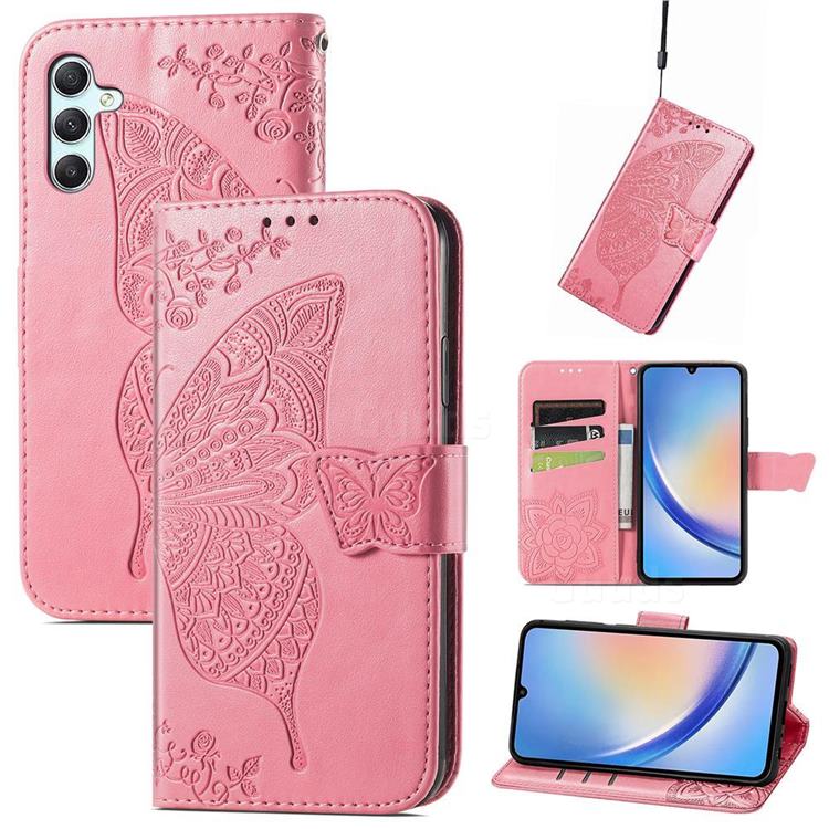 Embossing Mandala Flower Butterfly Leather Wallet Case for Samsung Galaxy A34 5G - Pink