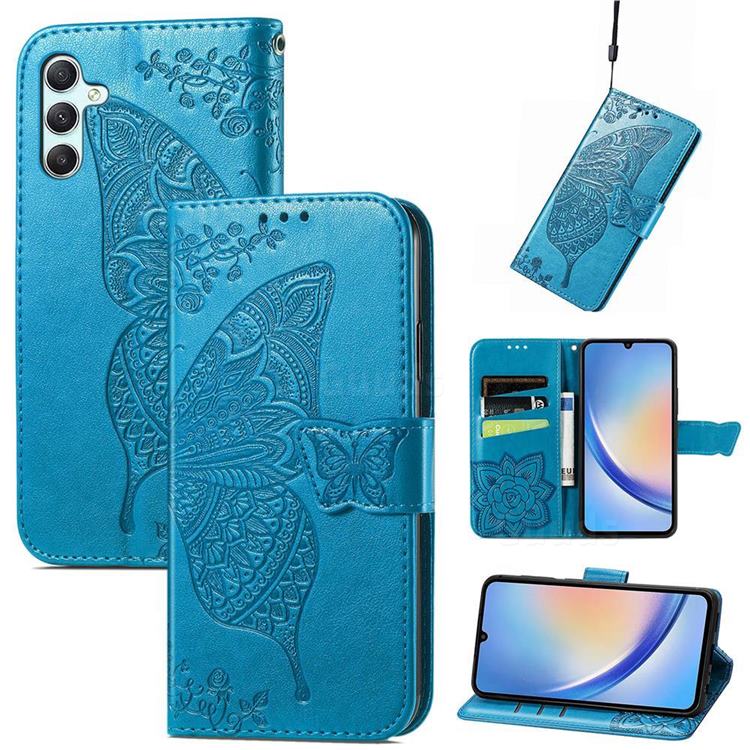 Embossing Mandala Flower Butterfly Leather Wallet Case for Samsung Galaxy A34 5G - Blue