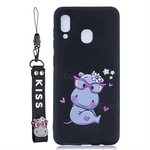 Black Flower Hippo Soft Kiss Candy Hand Strap Silicone Case for Samsung Galaxy A40