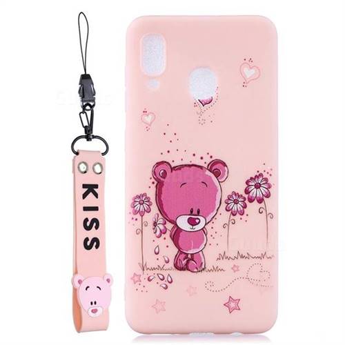 Pink Flower Bear Soft Kiss Candy Hand Strap Silicone Case for Samsung Galaxy A40