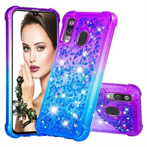 Rainbow Gradient Liquid Glitter Quicksand Sequins Phone Case for Samsung Galaxy A40 - Purple Blue