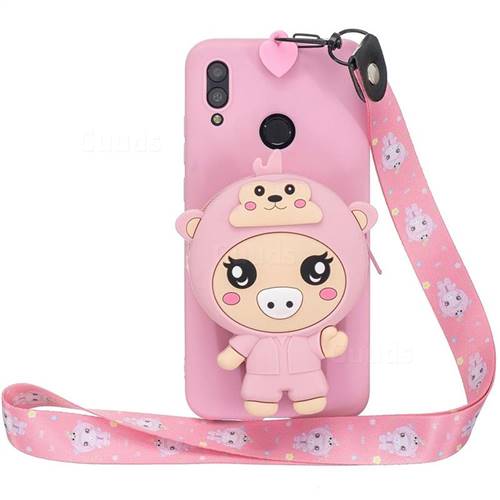 Pink Pig Neck Lanyard Zipper Wallet Silicone Case for Samsung Galaxy A40
