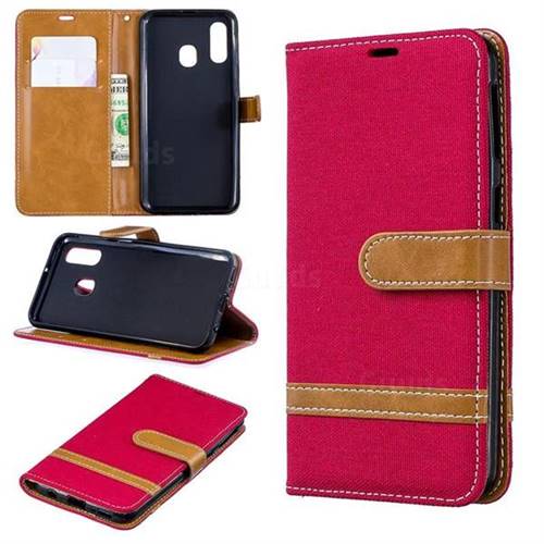 Jeans Cowboy Denim Leather Wallet Case for Samsung Galaxy A40 - Red