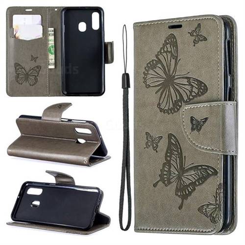 Embossing Double Butterfly Leather Wallet Case for Samsung Galaxy A40 - Gray