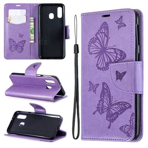 Embossing Double Butterfly Leather Wallet Case for Samsung Galaxy A40 - Purple