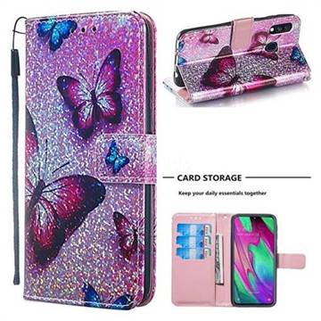 Blue Butterfly Sequins Painted Leather Wallet Case for Samsung Galaxy A40
