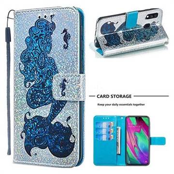 Mermaid Seahorse Sequins Painted Leather Wallet Case for Samsung Galaxy A40