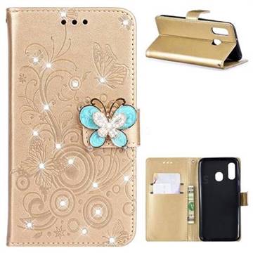 Embossing Butterfly Circle Rhinestone Leather Wallet Case for Samsung Galaxy A40 - Champagne
