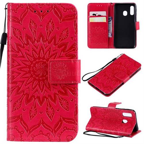 Embossing Sunflower Leather Wallet Case for Samsung Galaxy A40 - Red