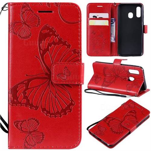 Embossing 3D Butterfly Leather Wallet Case for Samsung Galaxy A40 - Red