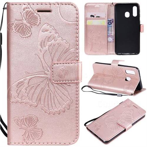Embossing 3D Butterfly Leather Wallet Case for Samsung Galaxy A40 - Rose Gold