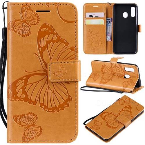Embossing 3D Butterfly Leather Wallet Case for Samsung Galaxy A40 - Yellow