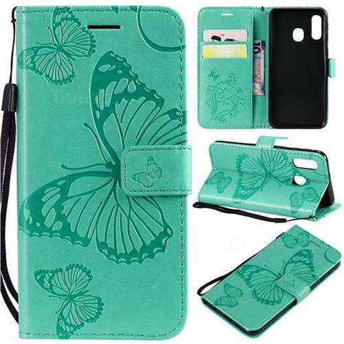 Embossing 3D Butterfly Leather Wallet Case for Samsung Galaxy A40 - Green