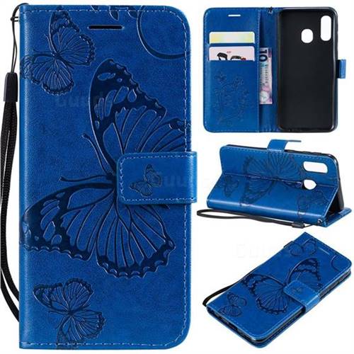 Embossing 3D Butterfly Leather Wallet Case for Samsung Galaxy A40 - Blue