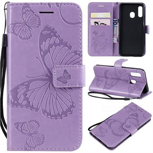 Embossing 3D Butterfly Leather Wallet Case for Samsung Galaxy A40 - Purple