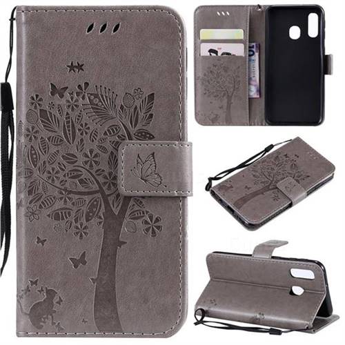 Embossing Butterfly Tree Leather Wallet Case for Samsung Galaxy A40 - Grey