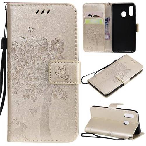 Embossing Butterfly Tree Leather Wallet Case for Samsung Galaxy A40 - Champagne