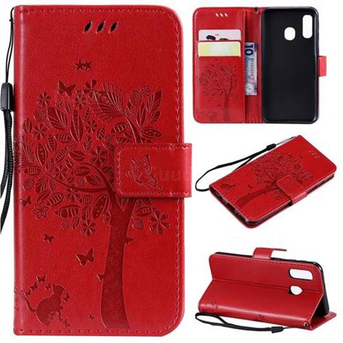 Embossing Butterfly Tree Leather Wallet Case for Samsung Galaxy A40 - Red