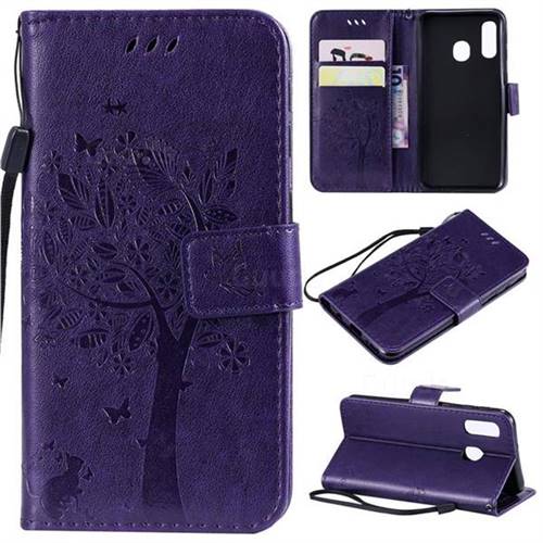 Embossing Butterfly Tree Leather Wallet Case for Samsung Galaxy A40 - Purple