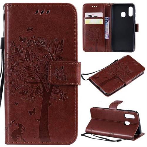 Embossing Butterfly Tree Leather Wallet Case for Samsung Galaxy A40 - Coffee