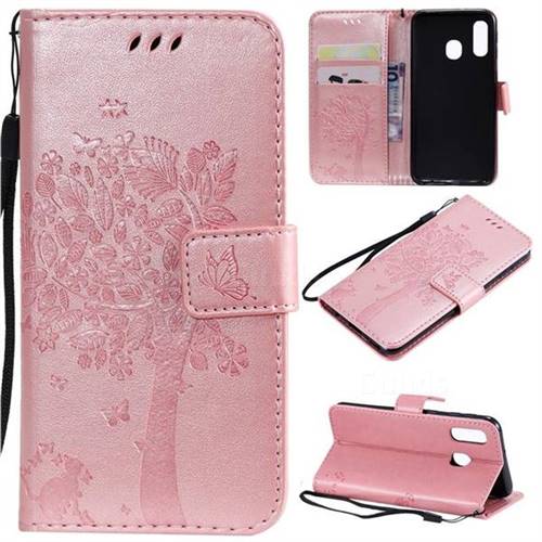 Embossing Butterfly Tree Leather Wallet Case for Samsung Galaxy A40 - Rose Pink