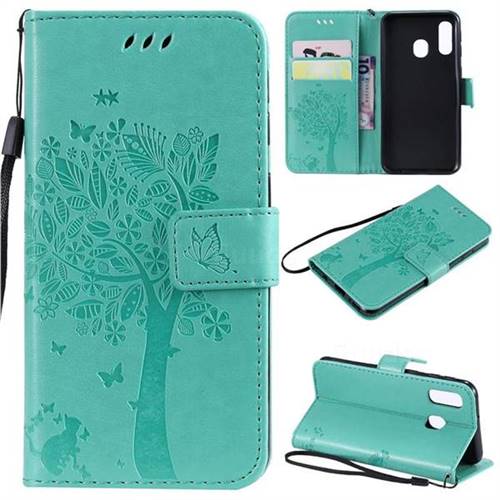 Embossing Butterfly Tree Leather Wallet Case for Samsung Galaxy A40 - Cyan