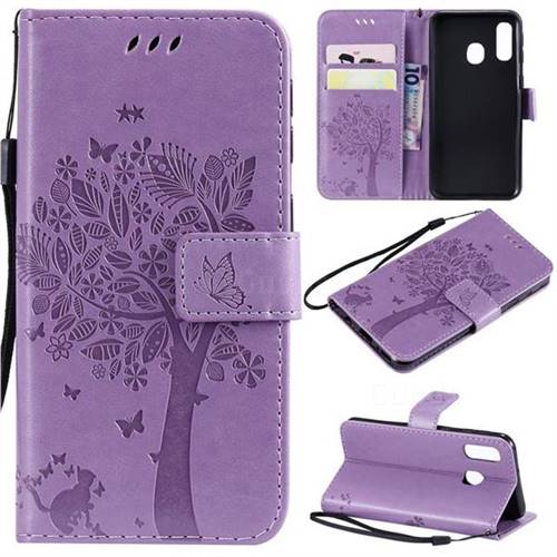 Embossing Butterfly Tree Leather Wallet Case for Samsung Galaxy A40 - Violet