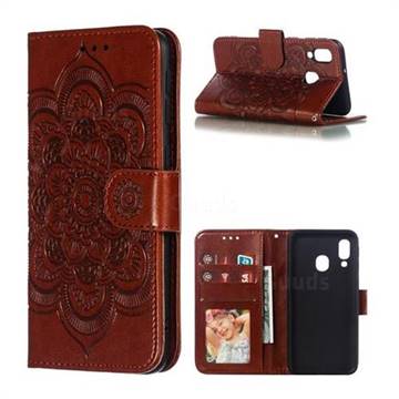 Intricate Embossing Datura Solar Leather Wallet Case for Samsung Galaxy A40 - Brown
