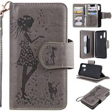 Embossing Cat Girl 9 Card Leather Wallet Case for Samsung Galaxy A40 - Gray