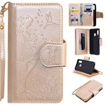 Embossing Cat Girl 9 Card Leather Wallet Case for Samsung Galaxy A40 - Gold