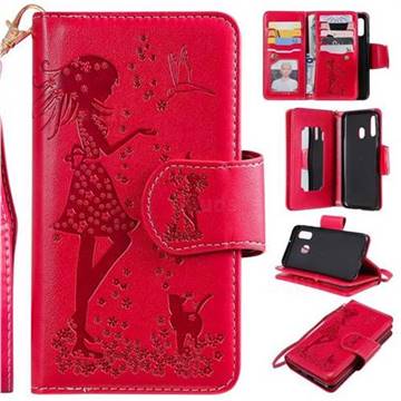 Embossing Cat Girl 9 Card Leather Wallet Case for Samsung Galaxy A40 - Red